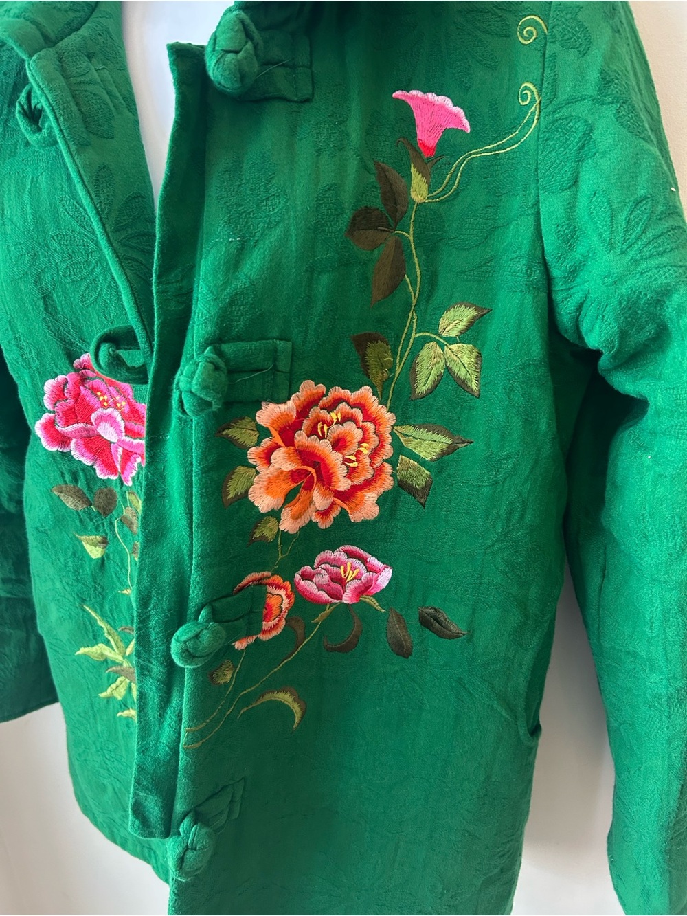 Emerald Green Floral Embroidered Quilted Jacket Cottagecore Boho Artwear Size L - Picture 5 of 15